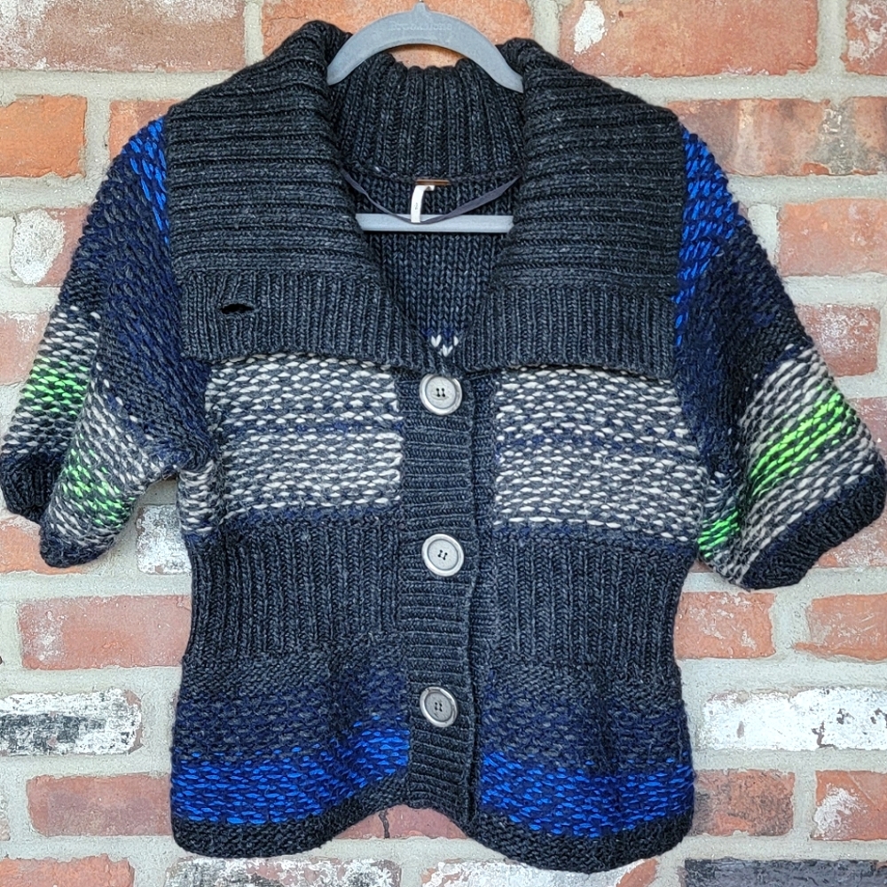 Free People Cable Knit Wool Blend Short Sleeve Sweater | Small | Gray & Blue